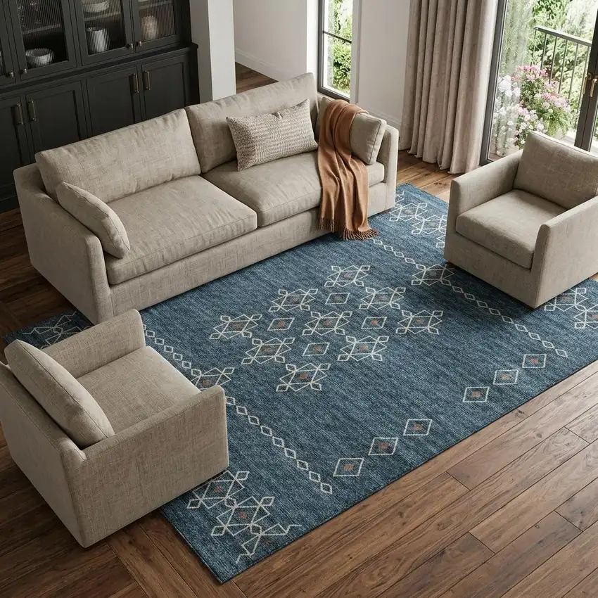 Blue Rust And Ivory Tribal Washable Area Rug With UV Protection Photo 1