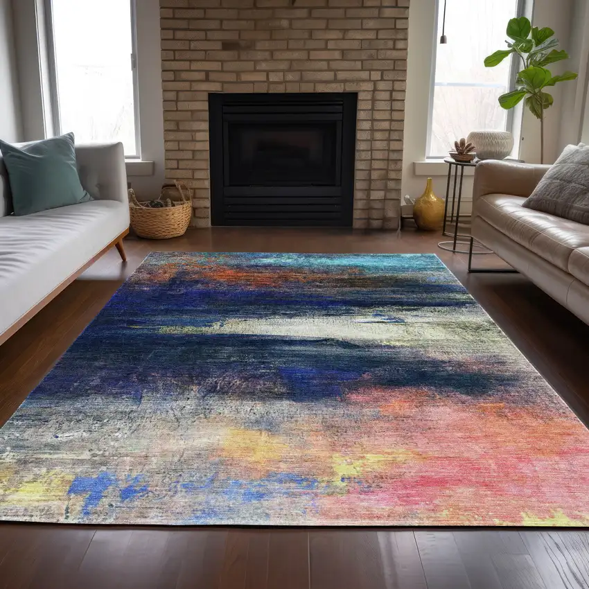 Blue Rust And Pink Abstract Washable Indoor Outdoor Area Rug Photo 7
