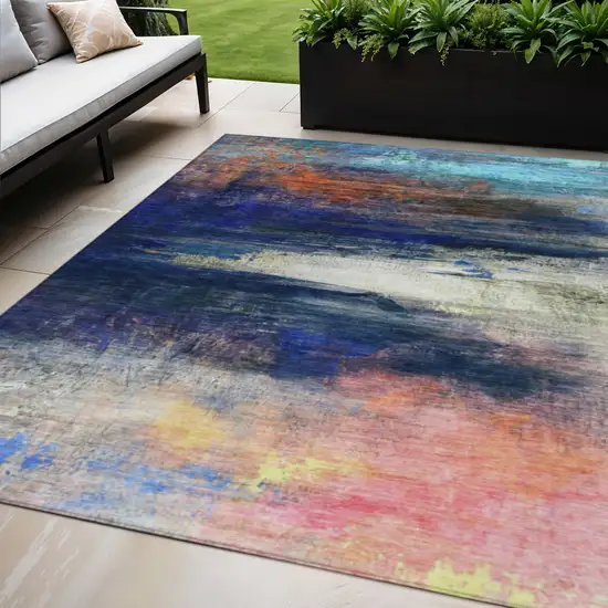 Blue Rust And Pink Abstract Washable Indoor Outdoor Area Rug Photo 2