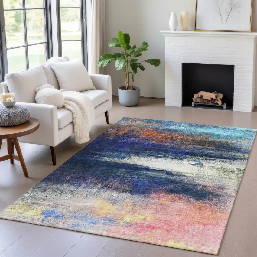 Blue Rust And Pink Abstract Washable Indoor Outdoor Area Rug Photo 6