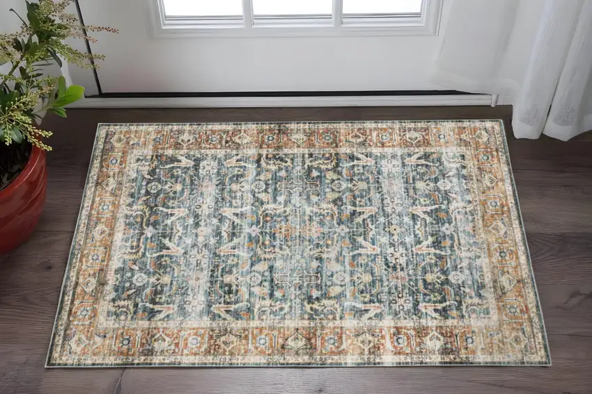 Blue Rust Gold And Olive Oriental Printed Stain Resistant Non Skid Area Rug Photo 1