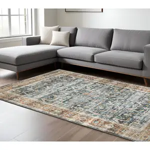 Photo of Blue Rust Gold And Olive Oriental Printed Stain Resistant Non Skid Area Rug