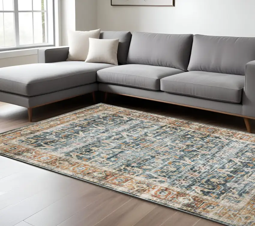 Blue and Beige Oriental Non Skid Area Rug Photo 1