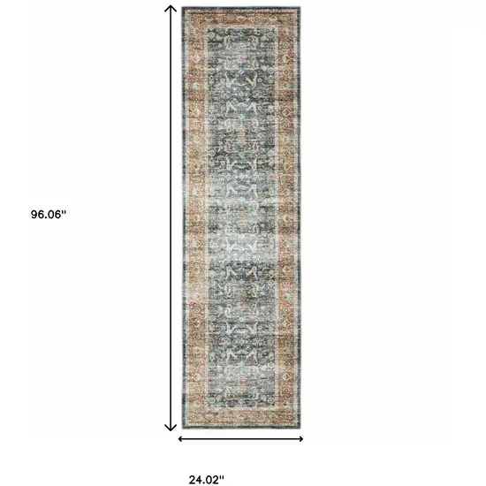 8' Blue And Rust Oriental Distressed Runner Rug Photo 3