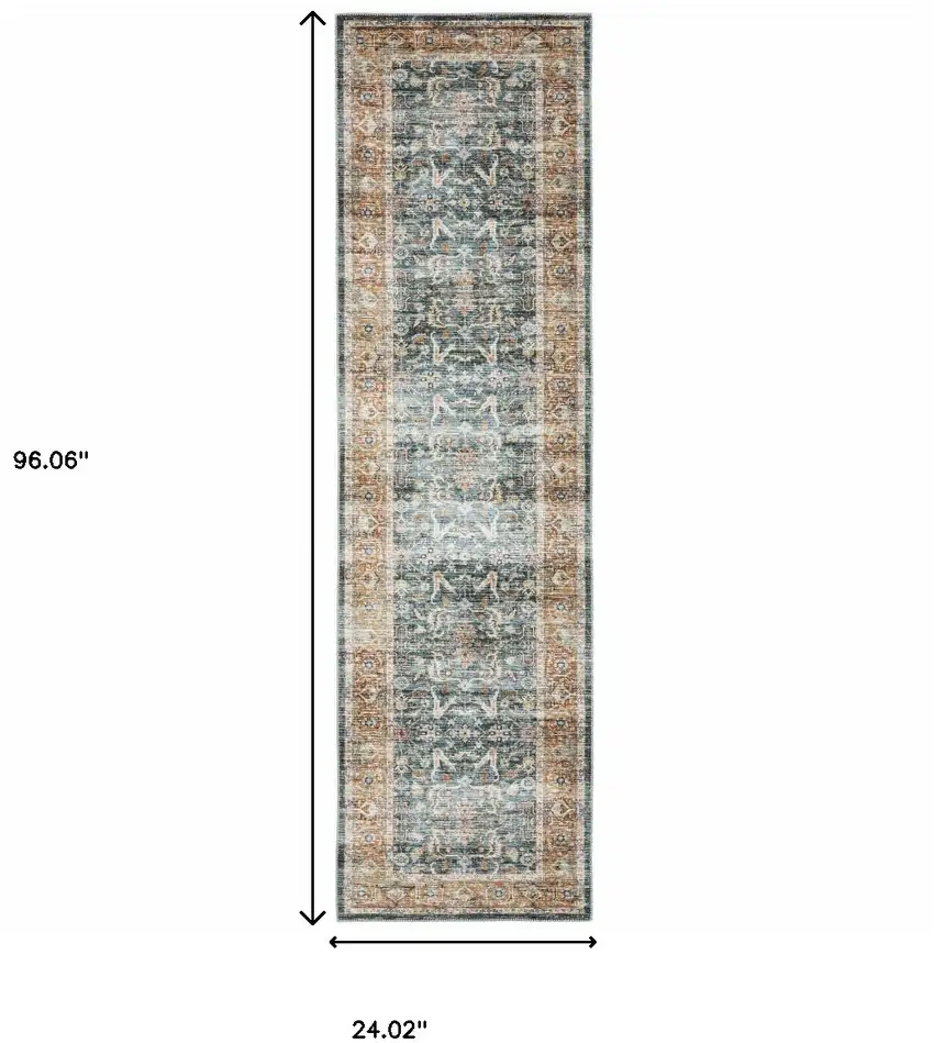 8' Blue And Rust Oriental Distressed Runner Rug Photo 3
