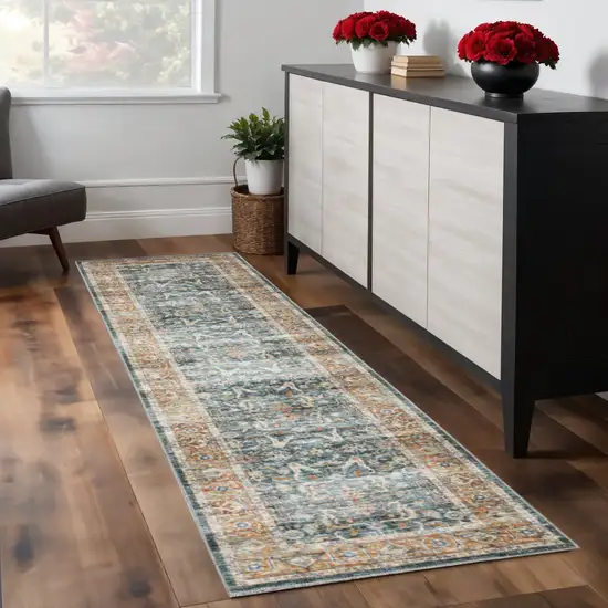 8' Blue And Rust Oriental Distressed Runner Rug Photo 1