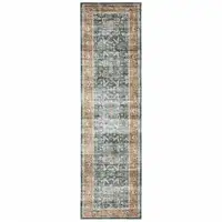 Photo of Blue Rust Gold And Olive Oriental Printed Stain Resistant Non Skid Runner Rug