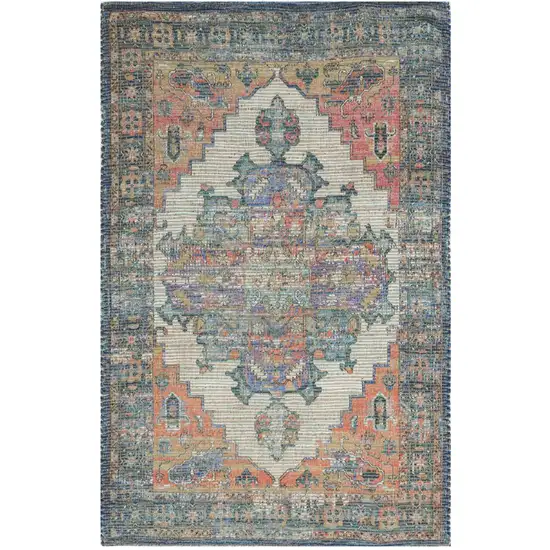Blue Brick Red And Brown Jute Medallion Hand Woven Distressed Area Rug Photo 2