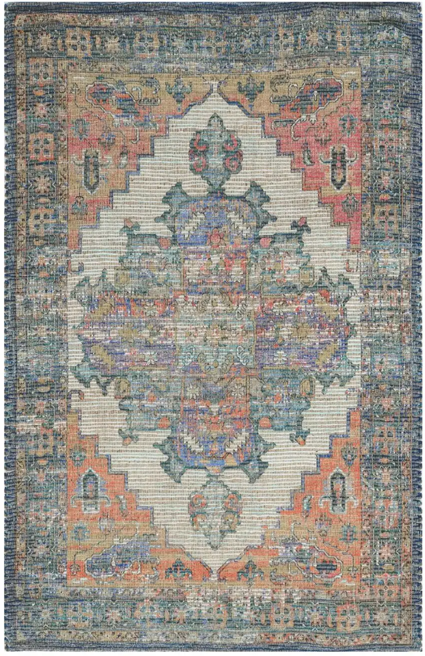 Blue Brick Red And Brown Jute Medallion Hand Woven Distressed Area Rug Photo 2
