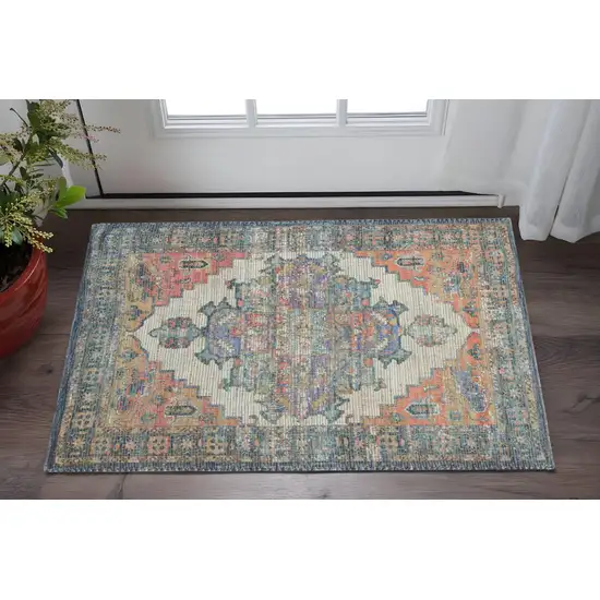 Blue Brick Red And Brown Jute Medallion Hand Woven Distressed Area Rug Photo 1