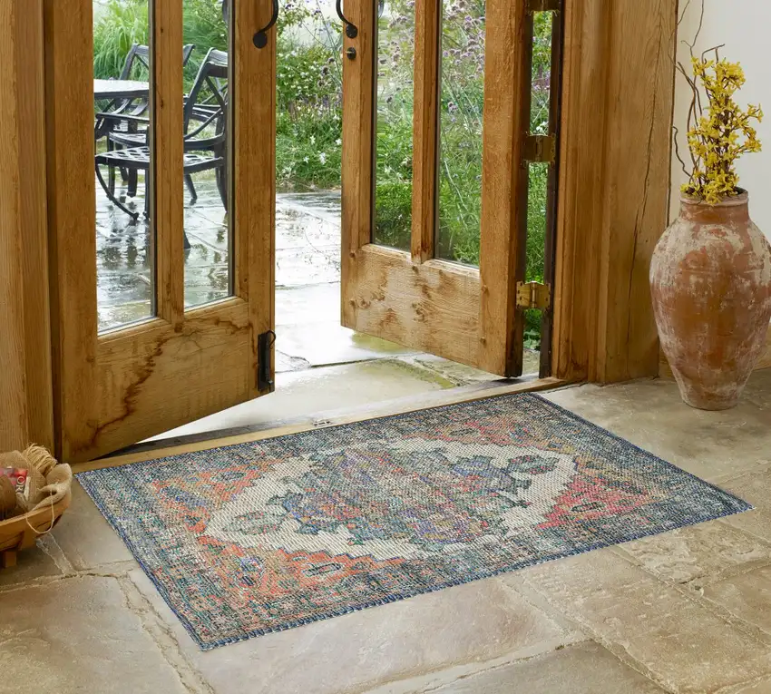 Blue and Ivory Medallion Hand Woven Distressed Area Rug Photo 1