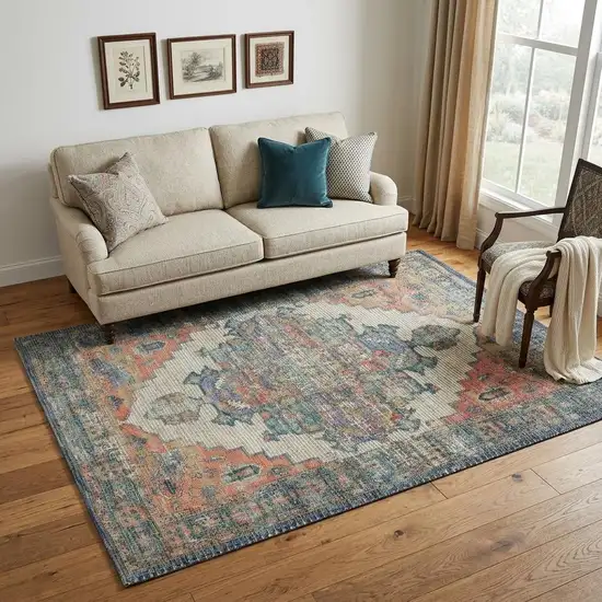 Blue Brick Red And Brown Jute Medallion Hand Woven Distressed Area Rug Photo 1