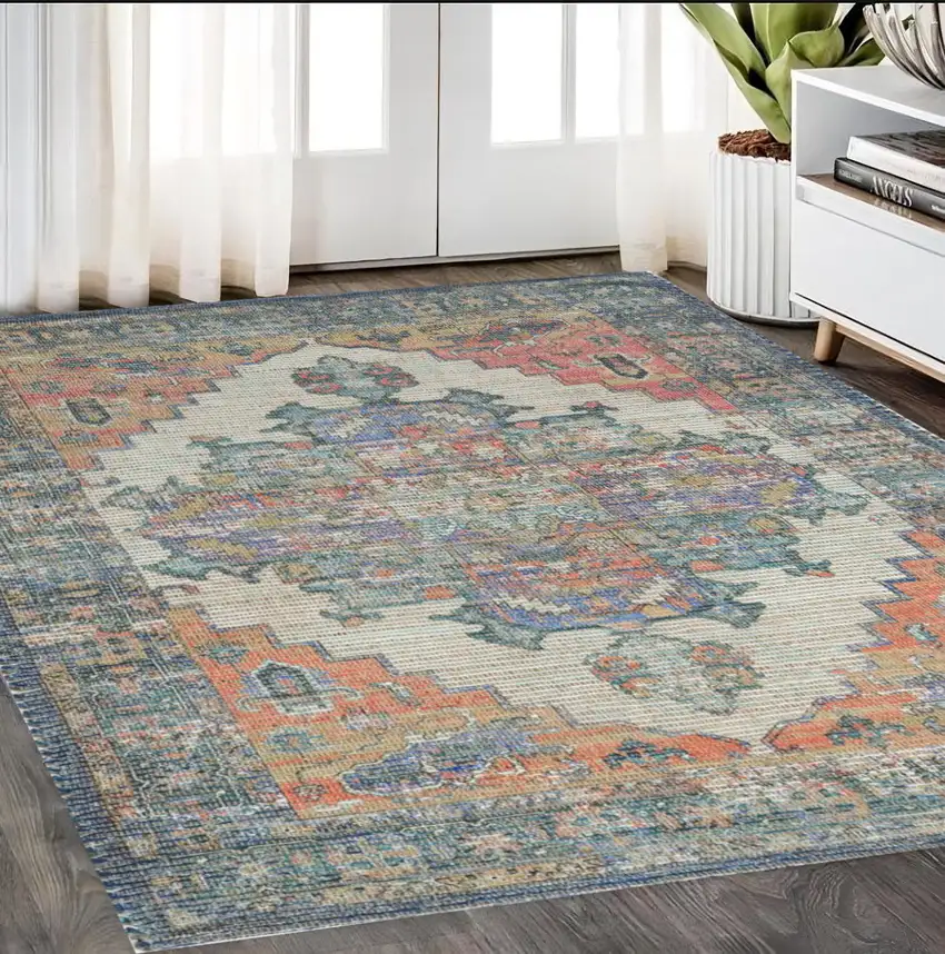 5'X7' Blue Rust Orange Hand Woven Diamond Medallion Indoor Area Rug Photo 2