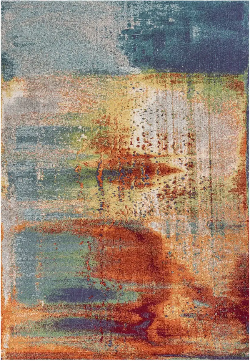 Blue Rust Orange Machine Woven Abstract Brushstrokes Indoor Area Rug Photo 2