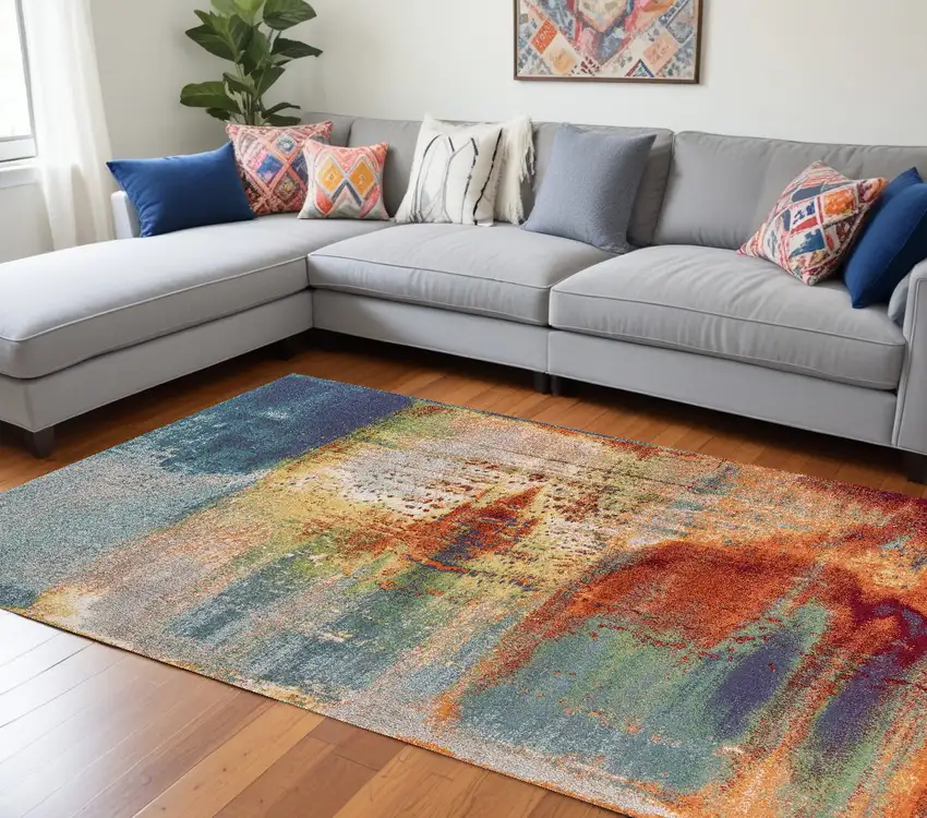 Blue Rust Orange Machine Woven Abstract Brushstrokes Indoor Area Rug Photo 1