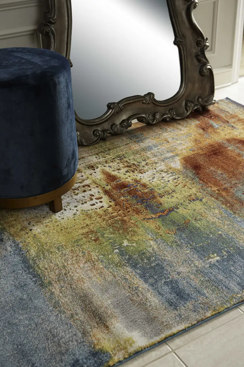 Blue Rust Orange Machine Woven Abstract Brushstrokes Indoor Area Rug Photo 6