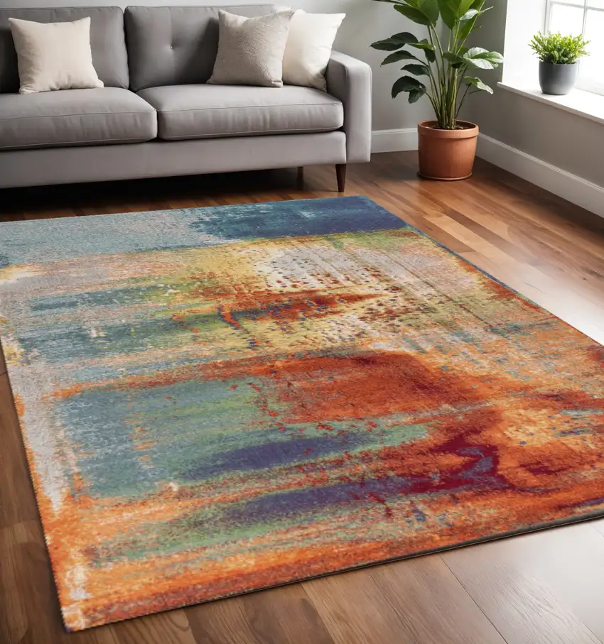 Blue Rust And Orange Abstract Area Rug Photo 1