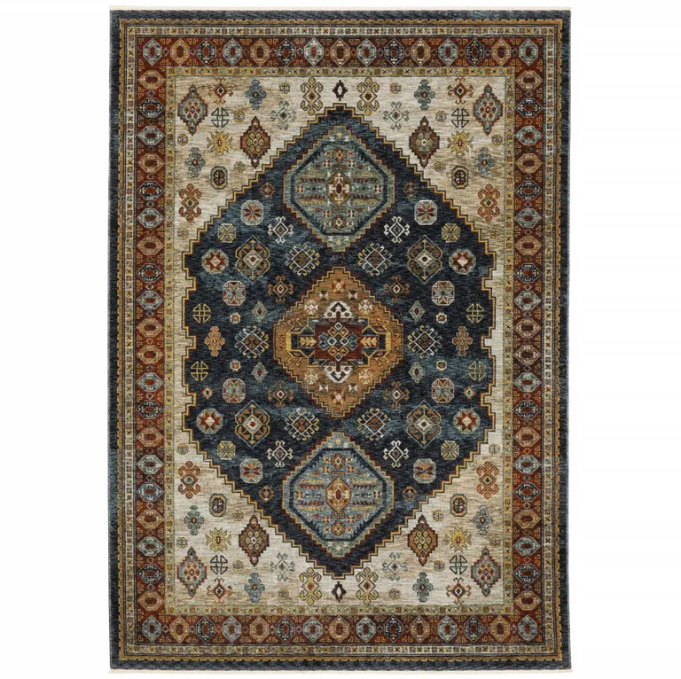 Blue Rust Red Beige Orange Gold And Tan Oriental Power Loom Stain Resistant Area Rug With Fringe Photo 1