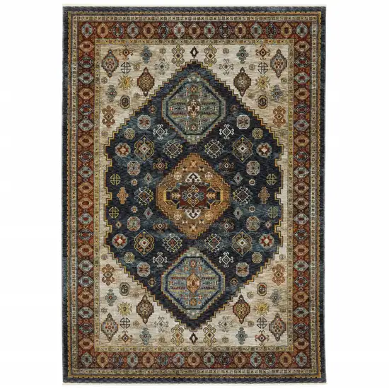 Blue Rust Red Beige Orange Gold And Tan Oriental Power Loom Stain Resistant Area Rug With Fringe Photo 1