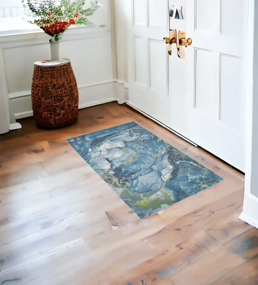 Teal Blue Abstract Dhurrie Area Rug Photo 1