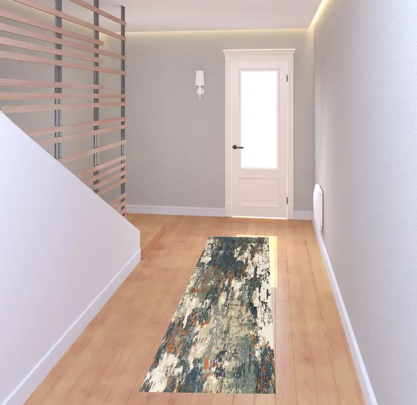 Blue Sage And Orange Abstract Power Loom Stain Resistant Runner Rug Photo 3