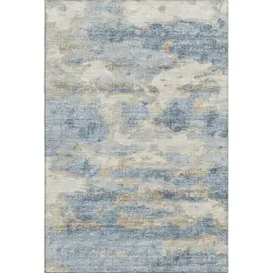 Photo of Blue Silver And Gold Abstract Washable Area Rug With UV Protection