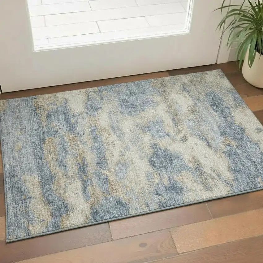 Blue Silver And Gold Abstract Washable Area Rug With UV Protection Photo 1