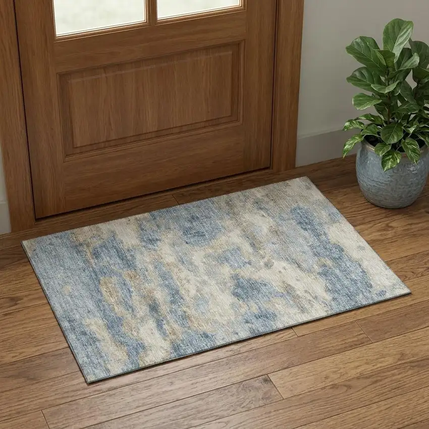 Blue Silver And Gold Abstract Washable Area Rug With UV Protection Photo 1
