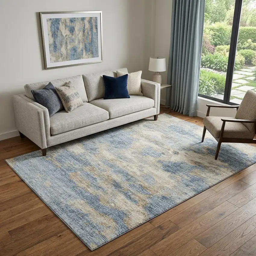 Blue Silver And Gold Abstract Washable Area Rug With UV Protection Photo 1