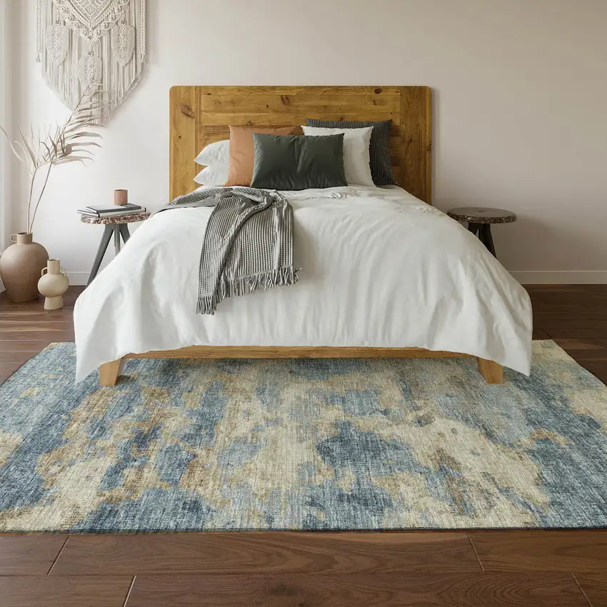 Blue Silver And Gold Abstract Washable Area Rug With UV Protection Photo 7