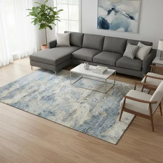 Blue Silver And Gold Abstract Washable Area Rug With UV Protection Photo 1