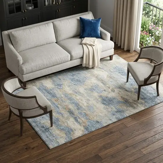 Blue Silver And Gold Abstract Washable Area Rug With UV Protection Photo 1