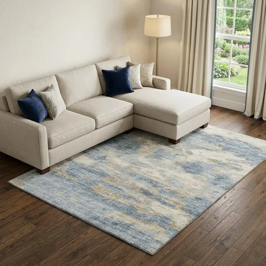 Blue Silver And Gold Abstract Washable Area Rug With UV Protection Photo 1