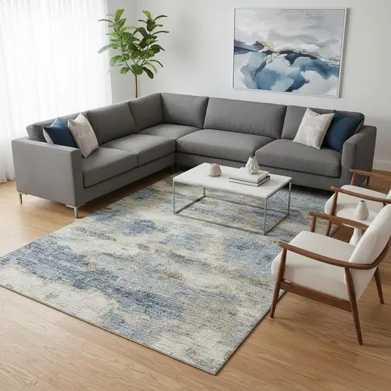 Blue Silver And Gold Abstract Washable Area Rug With UV Protection Photo 1