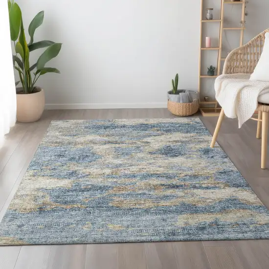 Blue Silver And Gold Abstract Washable Area Rug With UV Protection Photo 6