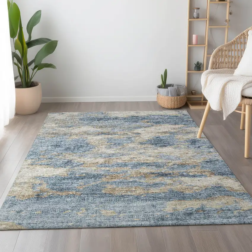 Blue Silver And Gold Abstract Washable Area Rug With UV Protection Photo 6