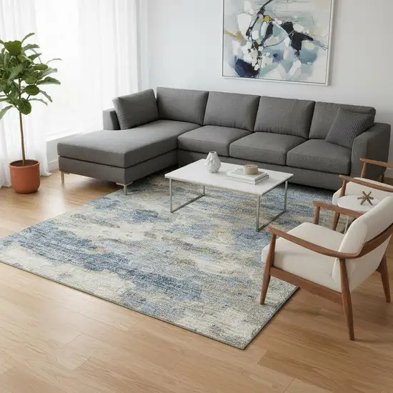 Blue Silver And Gold Abstract Washable Area Rug With UV Protection Photo 1