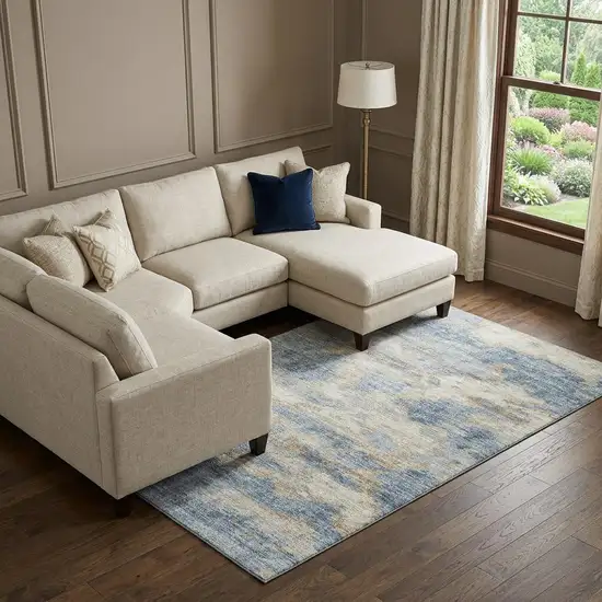 Blue Silver And Gold Abstract Washable Area Rug With UV Protection Photo 1