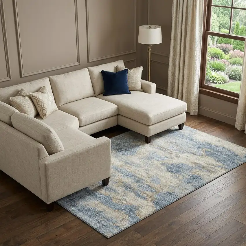 Blue Silver And Gold Abstract Washable Area Rug With UV Protection Photo 1