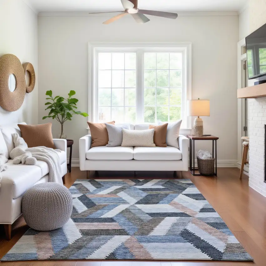 Blue Silver And Gray Geometric Washable Area Rug With UV Protection Photo 5