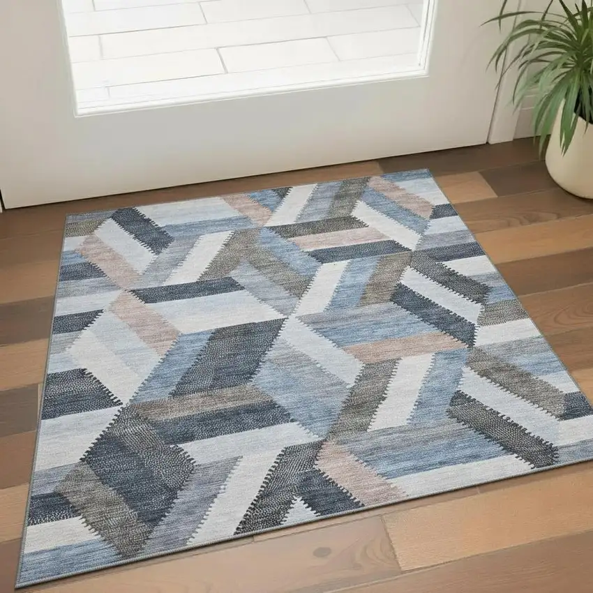 Blue Silver And Gray Geometric Washable Area Rug With UV Protection Photo 2