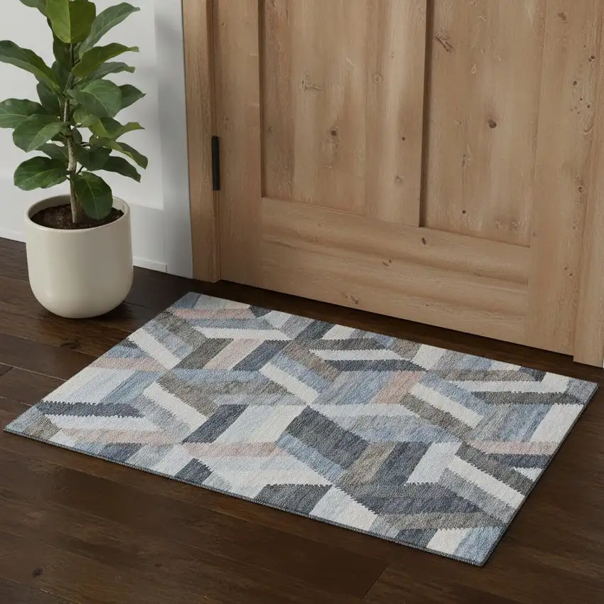 Blue Silver And Gray Geometric Washable Area Rug With UV Protection Photo 1