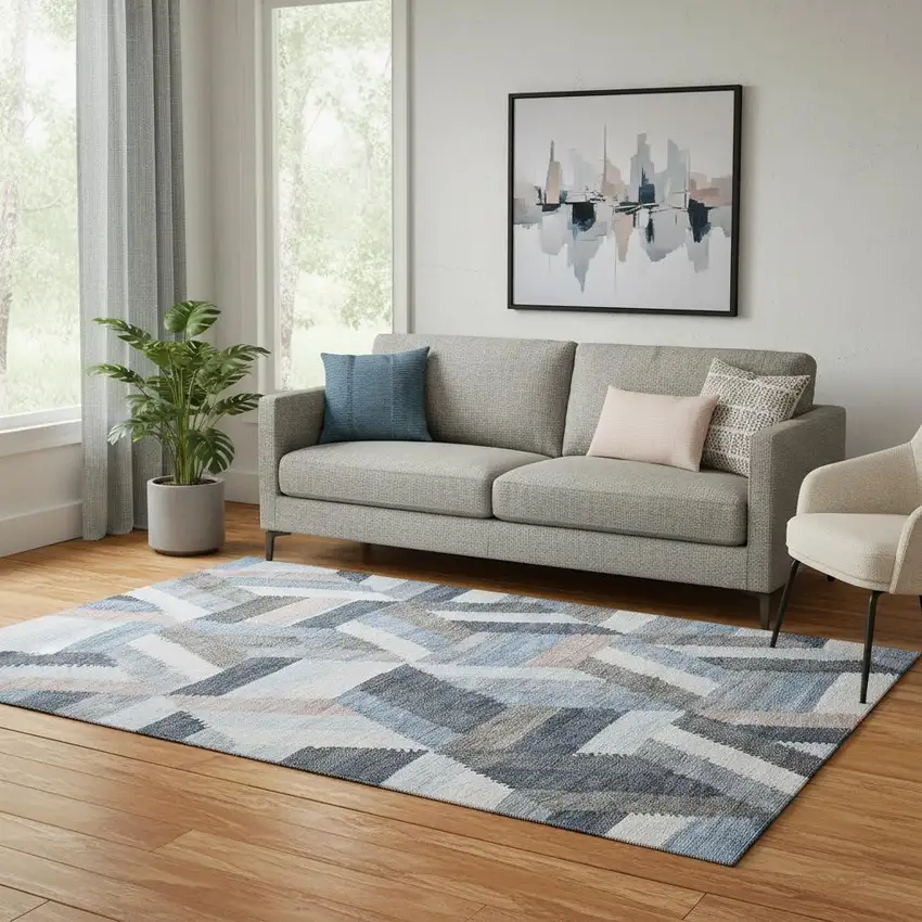 Blue Silver And Gray Geometric Washable Area Rug With UV Protection Photo 2