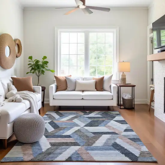 Blue Silver And Gray Geometric Washable Area Rug With UV Protection Photo 5