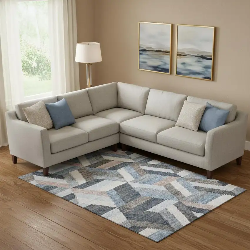 Blue Silver And Gray Geometric Washable Area Rug With UV Protection Photo 2