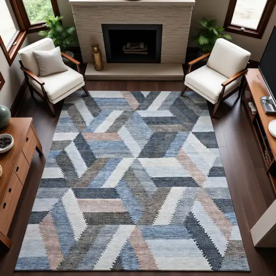 Blue Silver And Gray Geometric Washable Area Rug With UV Protection Photo 3