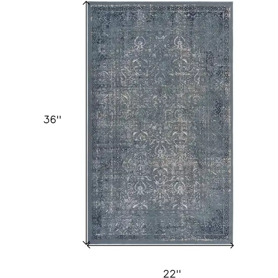 Blue Silver Gray And Cream Damask Distressed Stain Resistant Area Rug Photo 7