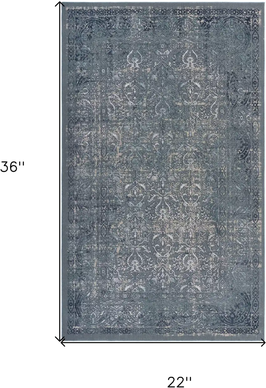 Blue Silver Gray And Cream Damask Distressed Stain Resistant Area Rug Photo 7