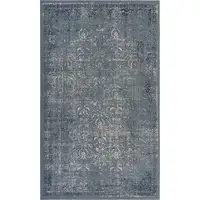 Photo of Blue Silver Gray And Cream Damask Distressed Stain Resistant Area Rug