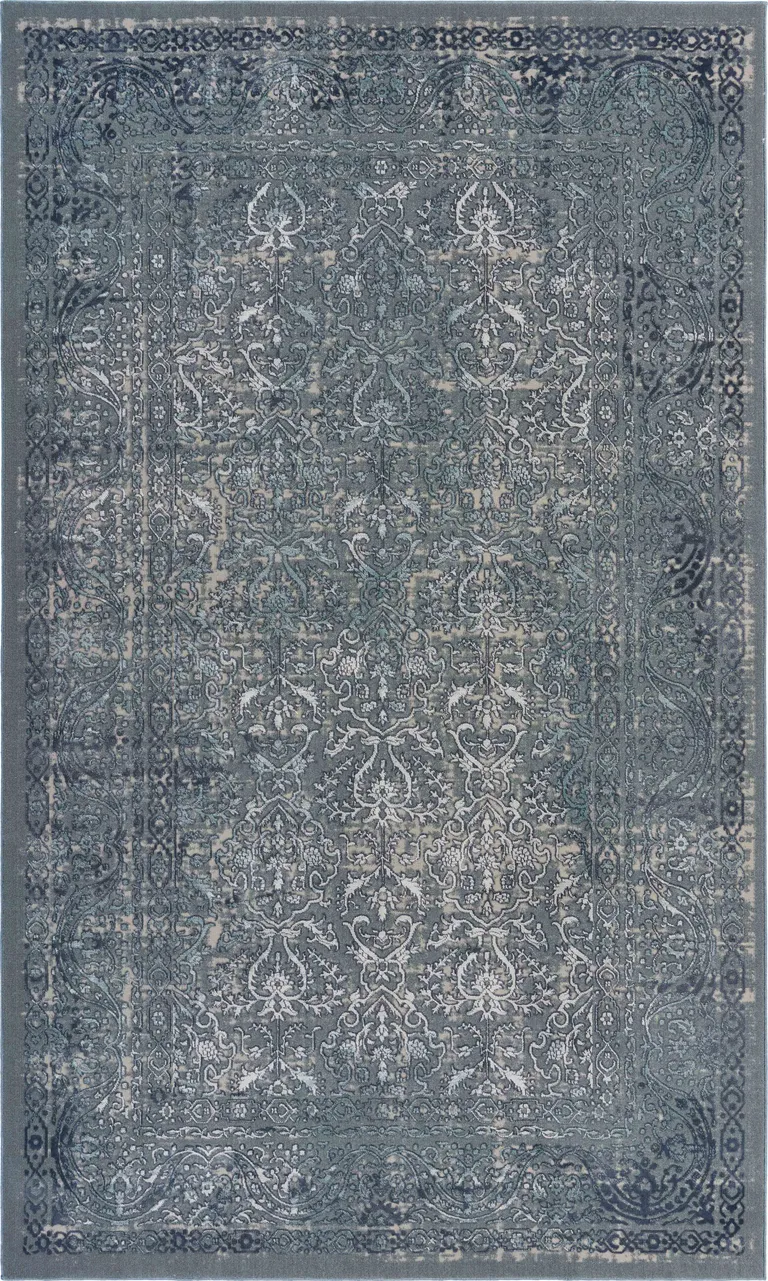 Blue Silver Gray And Cream Damask Distressed Stain Resistant Area Rug Photo 1